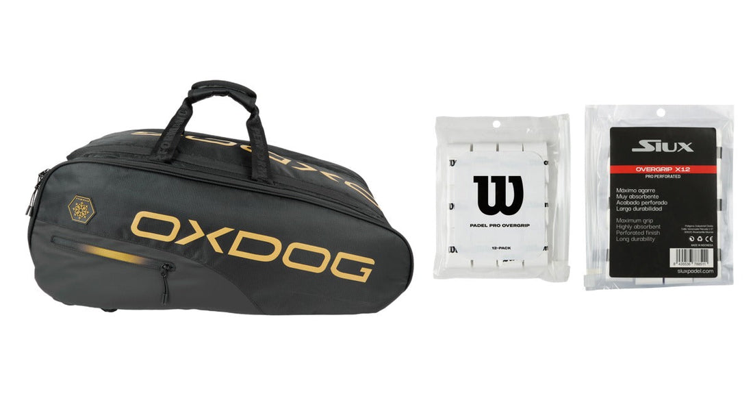 Oxdog Hyper Pro Thermo padel bag with Wilson and Siux padel overgrips on a white background